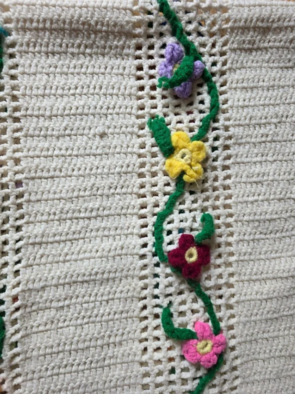 Hand-Crocheted Floral Afghan Blanket With Colorful 3D Flowers On Ivory Backgroun